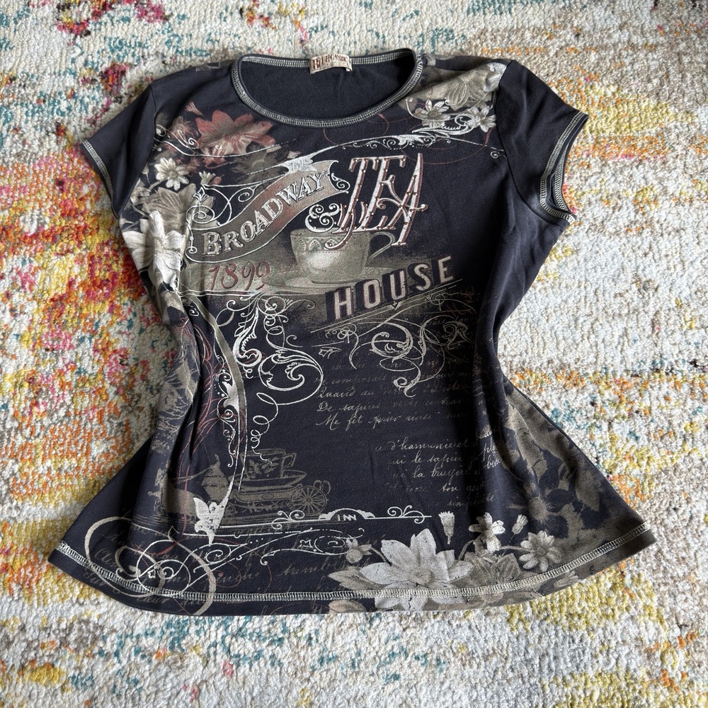 Vintage Y2K Blue Canyon Womens L Broadway Tea House Short Sleeve Top Black
